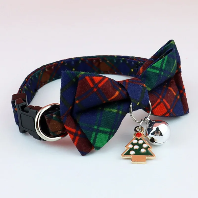 Bowknot Cat Kitten Collar Bow Tie Adjustable Dog Collar with Bell Plaid Safety Buckle Christmas Pet Collar Necklace