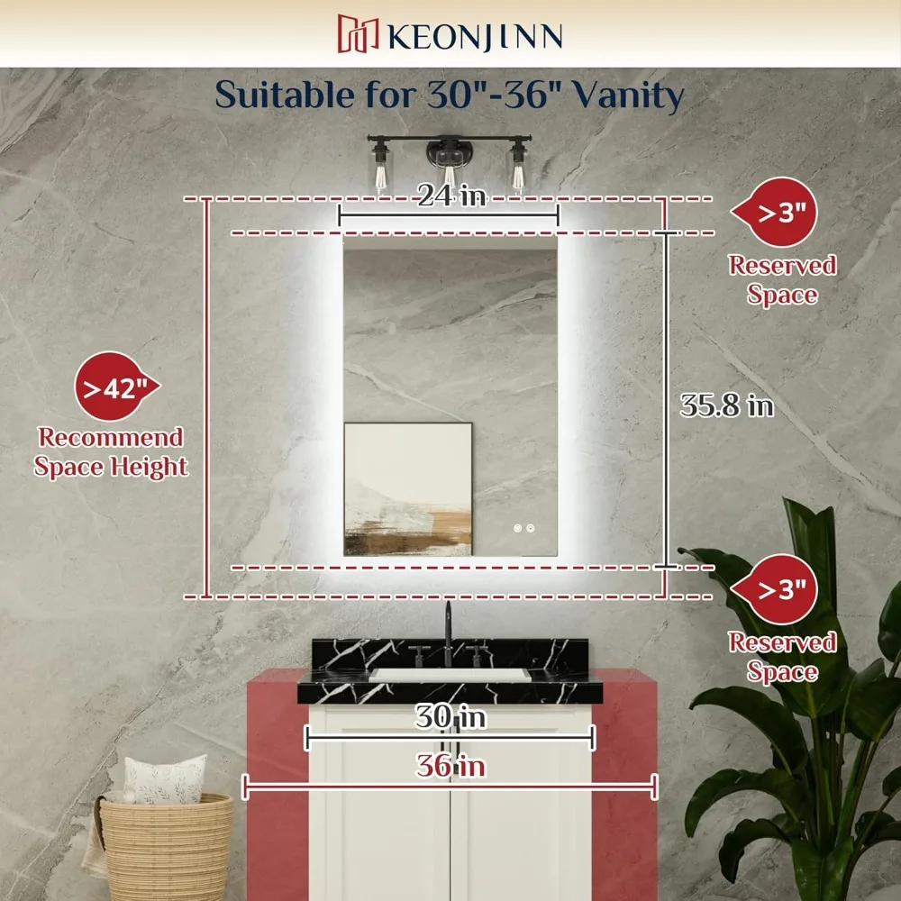 مرآة Keonjinn بإضاءة خلفية مقاس 24 × 36 بوصة للحمام، مرآة Led مضادة للضباب، CRI90+ HD من الزجاج المقسى، مرآة مضاءة قابلة للتعتيم بدون خطوات #2
