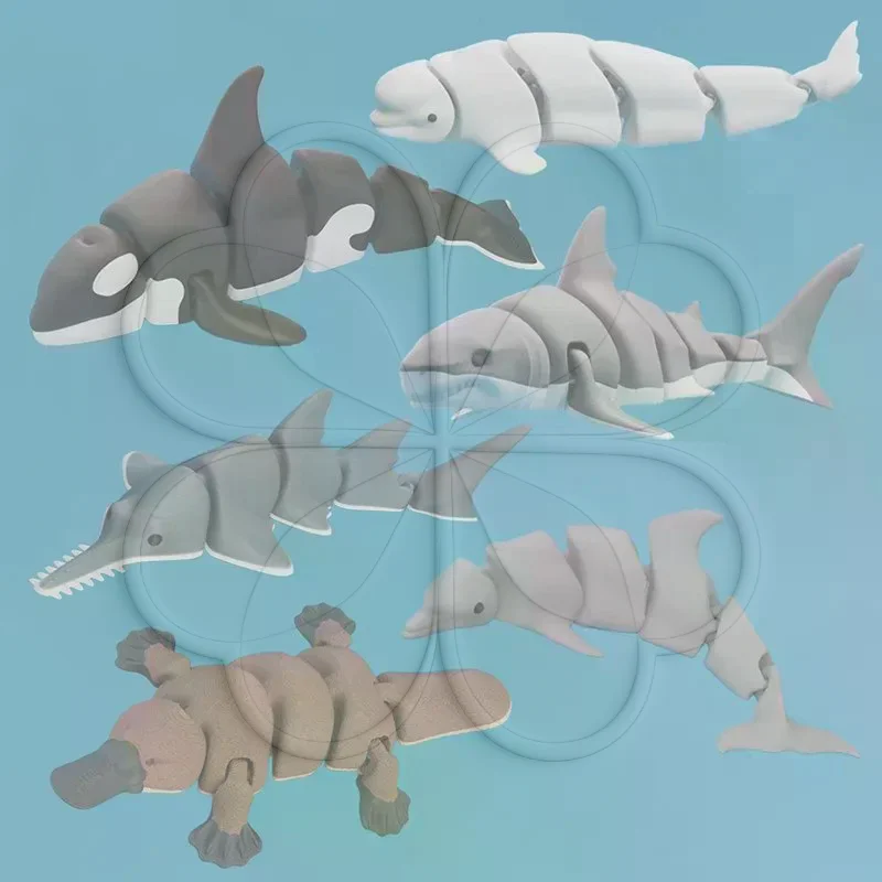3D Printed Simulation Marine Animal Figurine Movable Joint Shark Killer Whale Ornament for Office Desk Decor Kids Toy