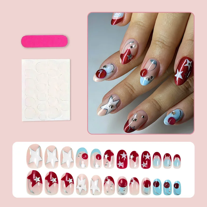 24 SZT. Paznokcie Sztuczne 3D Jabłko Gwiazda Urocze Migdałki Kolorowe Kropki Wzór Francuski Paznokcie Naklejane Słodkie Nude Do Noszenia Paznokcie Sztuczne