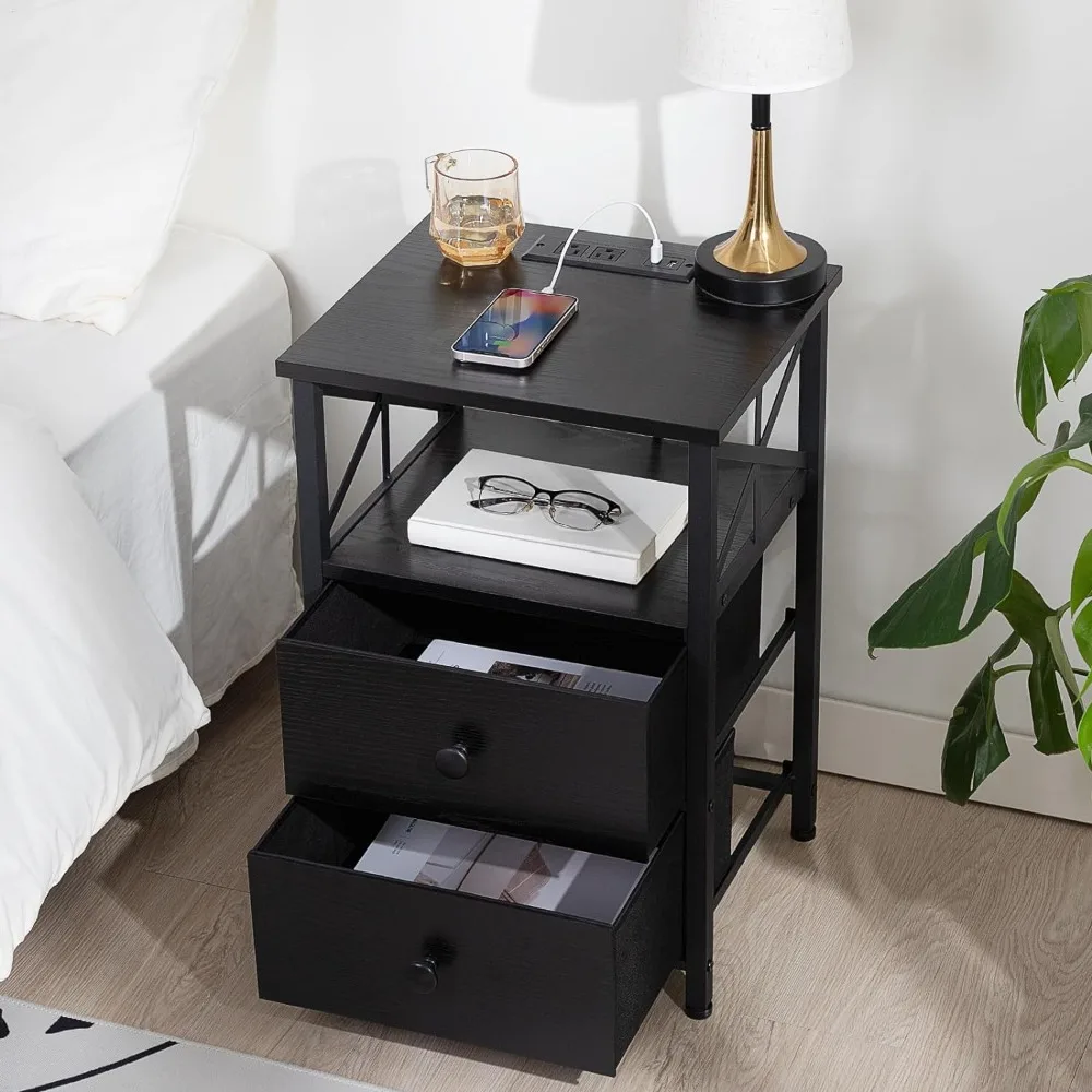 Night Stand Set 2, Black Nightstand with Charging Station, End Tables Living Room with USB Ports and Outlets,Small Bedside Table