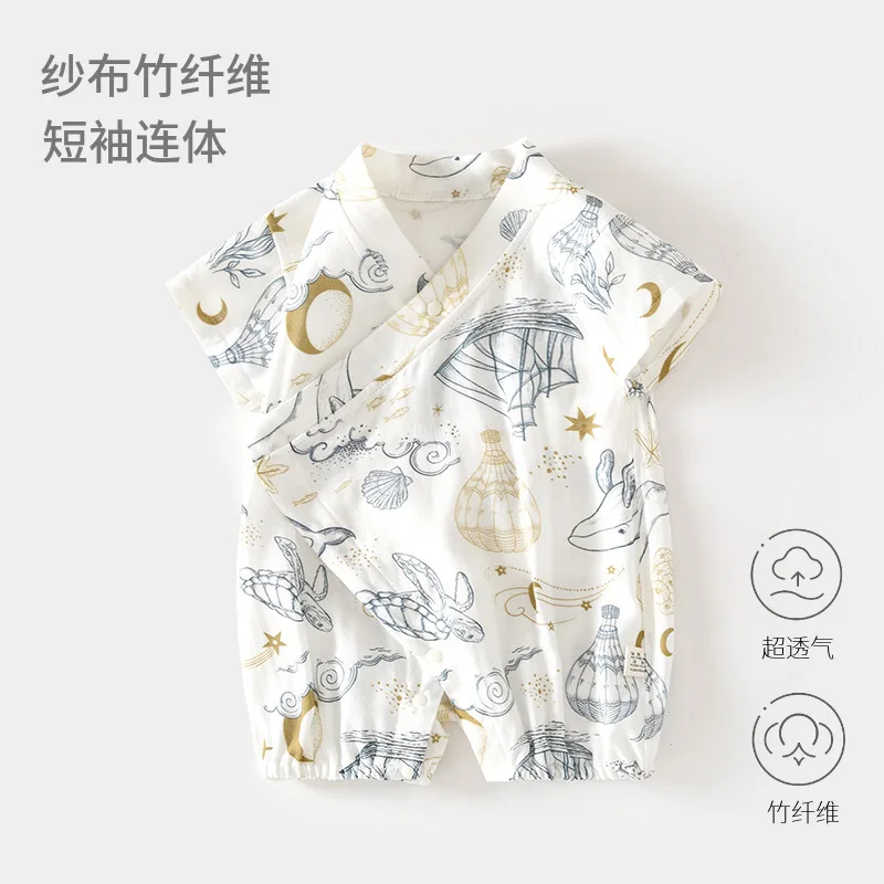Baby Gauze Jumpsuit Baby Summer Romper Short Sleeve Bamboo Fiber Romper Children Summer Air Conditioning Room Clothes Newborn