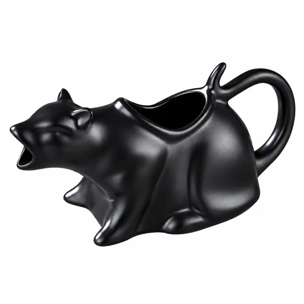 Animal Sculpture Ceramic Cat Gravy Pitcher Mouth Pouring Port Curved Tail Handle Cat Milk Jug Figurine Wide Top Opening Novelty