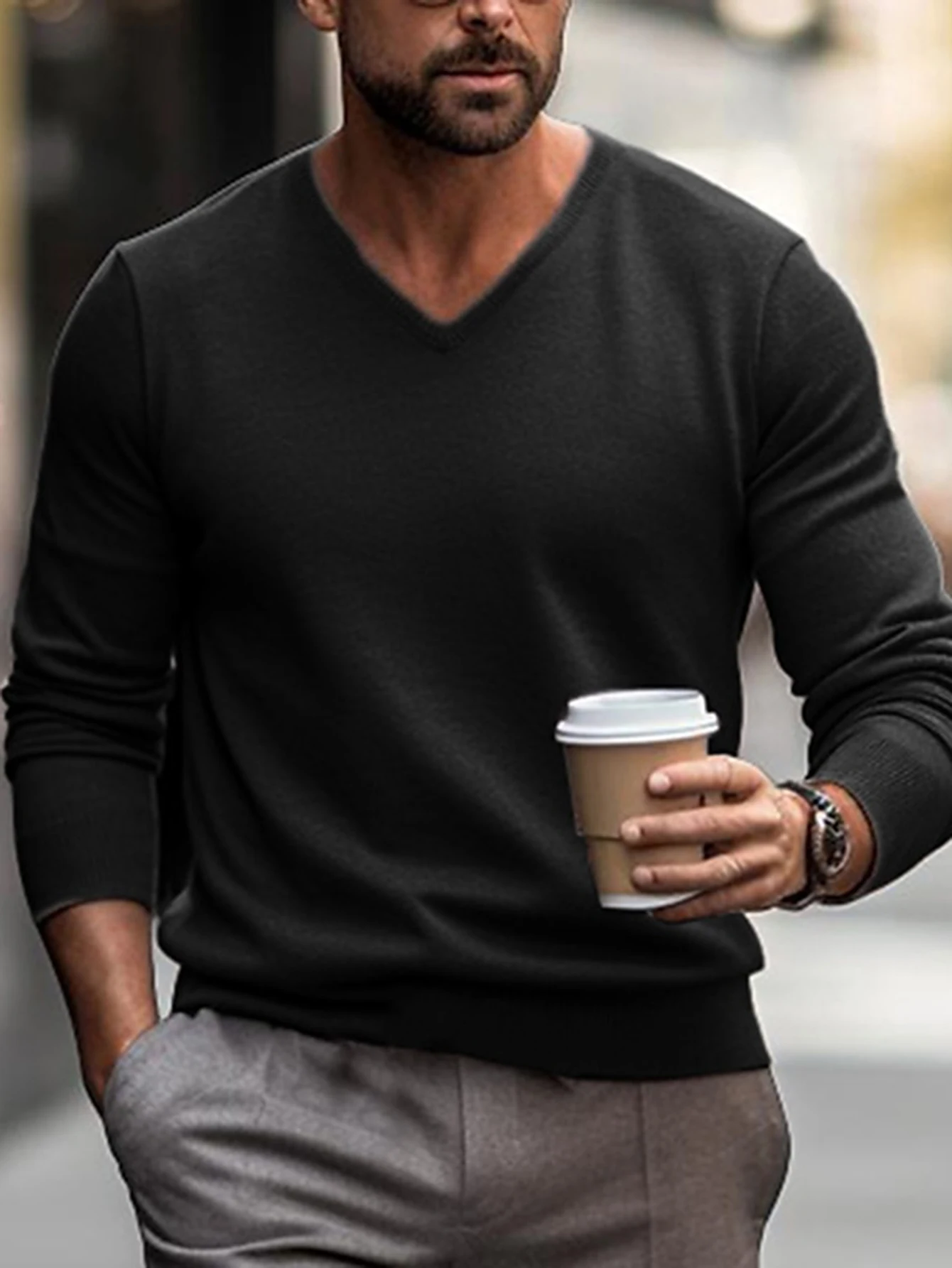 Men Solid Color V‑Neck Long Sleeve Knit Sweater Soft Casual Pullover Soft Blend Fabric Pullover Daily Basic Knitwear Tops