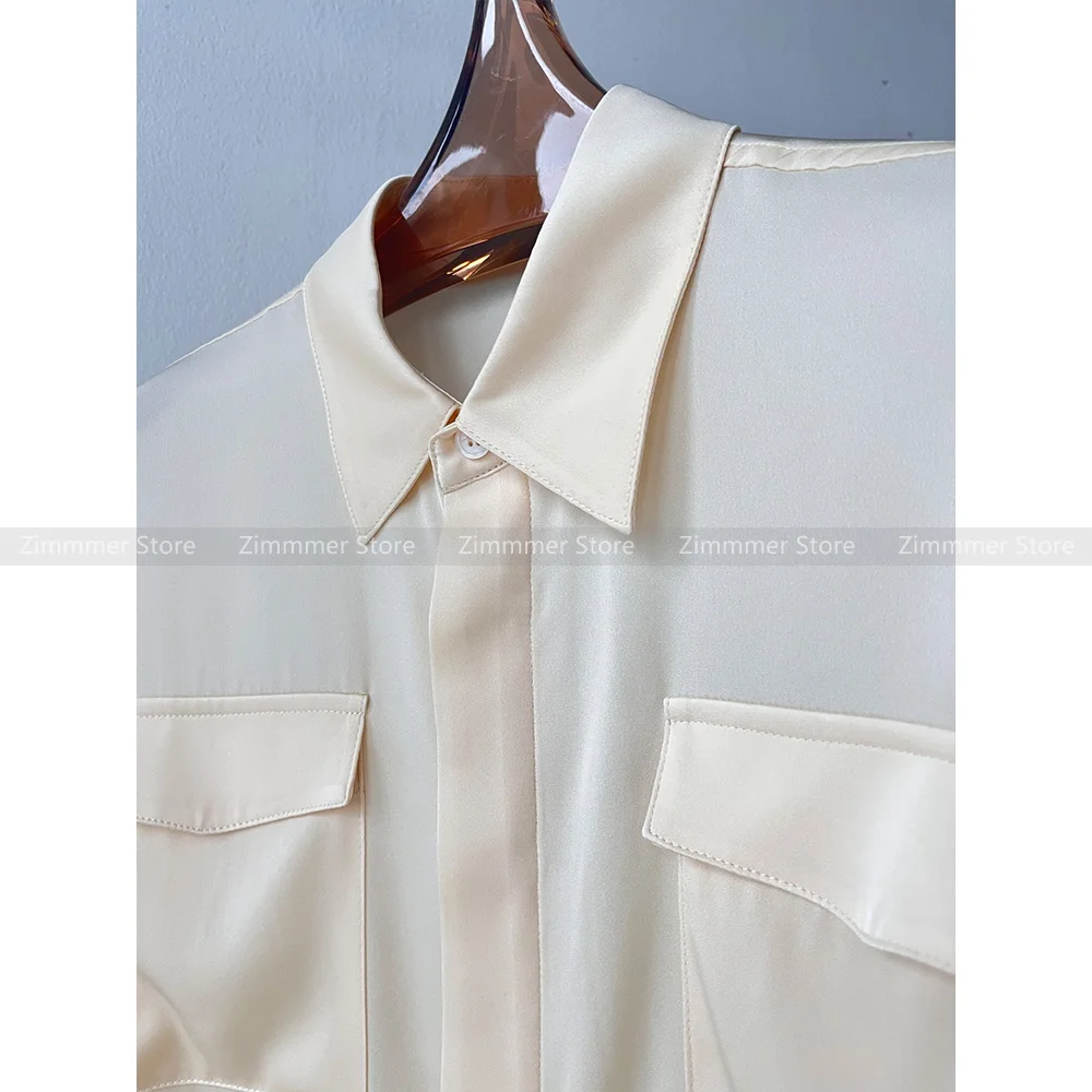 24 Years early autumn new double pockets loose versatile shirt lapel solid colour silk blouse female