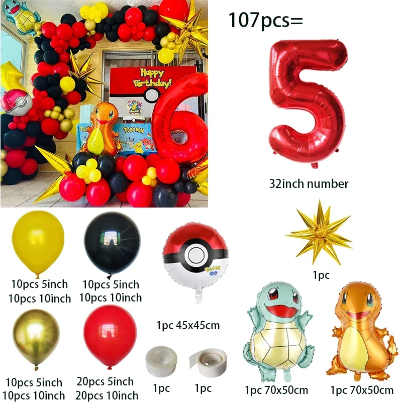 107pcs/Set Pokemon Pikachu Balloon Birthday Party Decoration Set Cartoon Animal Pocket Elf Aluminum Film Balloon Birthday Gifts