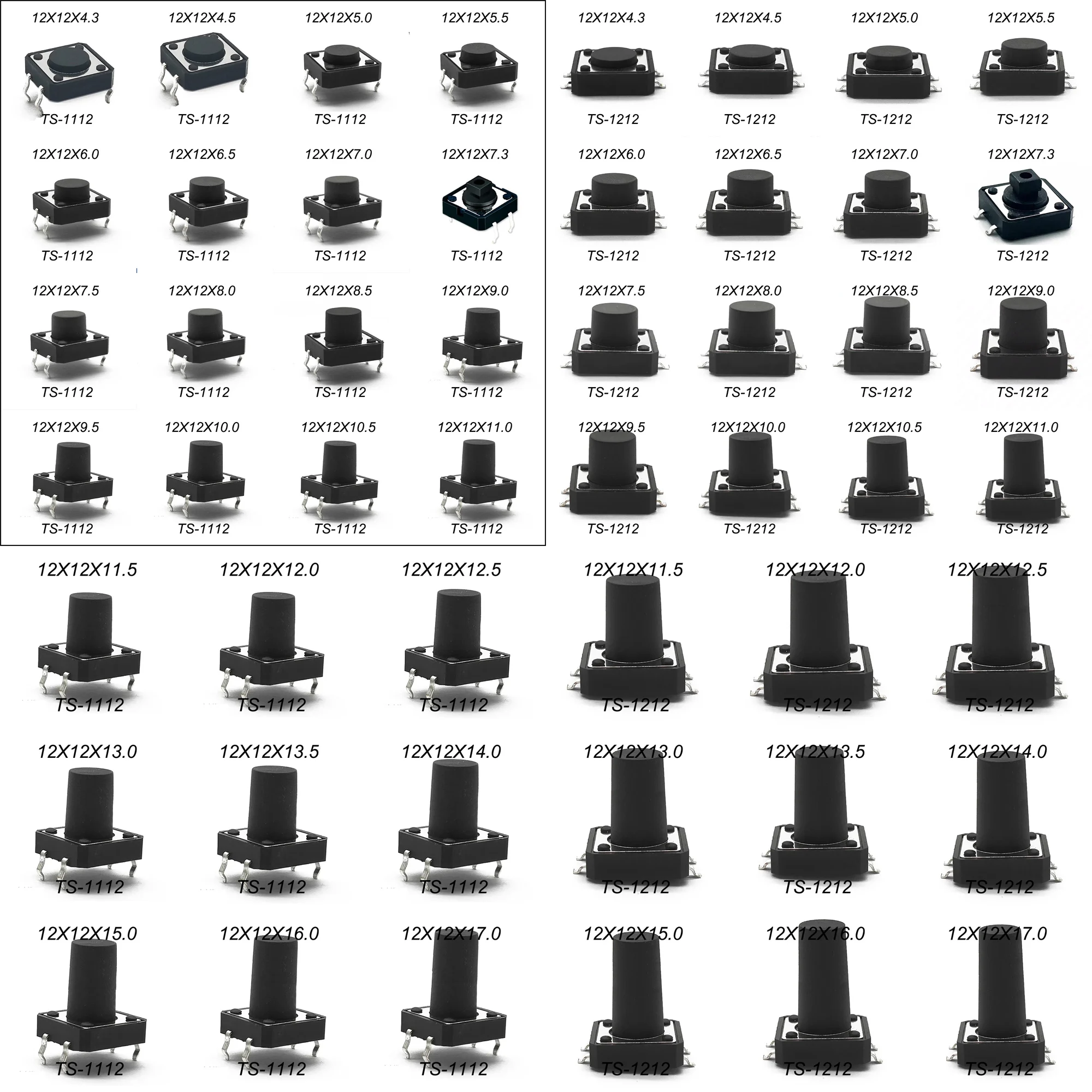 20PCS 12X12 H=11.5/12/12.513/13.5/14/15/16/17MM 4PIN DIP SMT Momentary Tactile Tact Switch Push Button Key Button Black