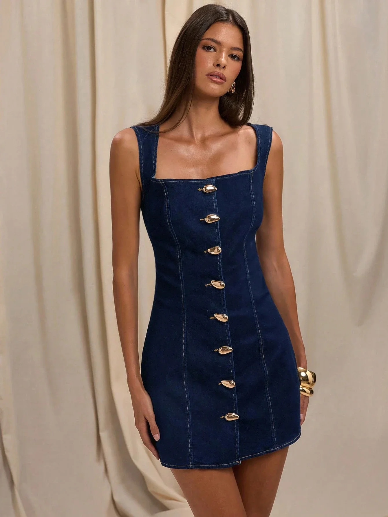 

Women's Sleeveless Square Collar Denim Mini Dress With Metal Buttons