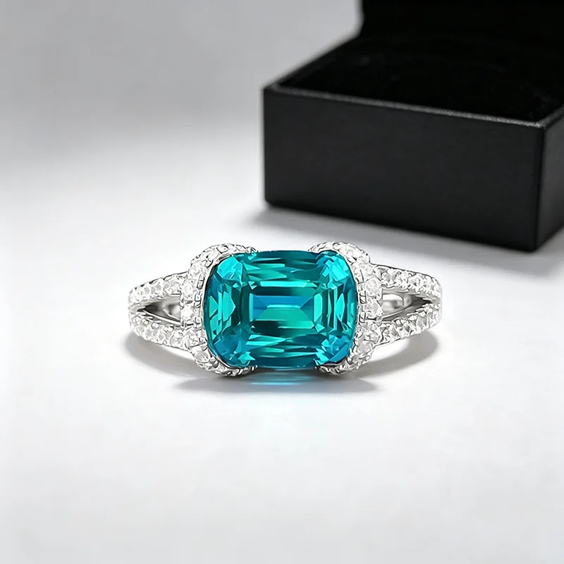 S925 Sterling Silver Ring 7*9mm Cushion Cut Lab‑Created Gemstone Halo Zircon Leaf Carved Split Shank Band Fine Jewelry WomenRing