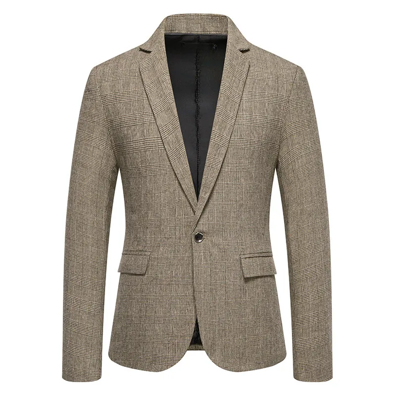 

Classic Men's Casual Blazer Jackets SIngle Button Vintage Check Suit Coat Male Khaki