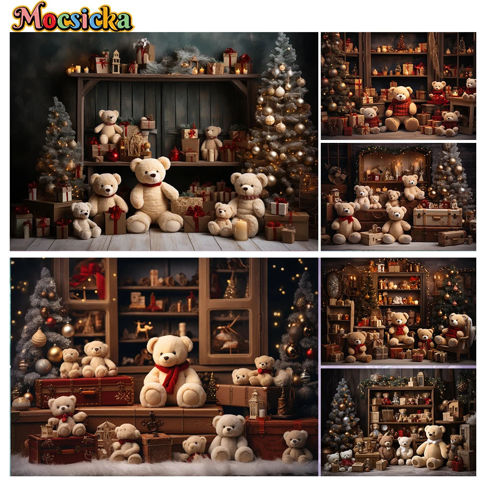 

Mocsicka Christmas Photography Background Winter Gifts Bear Doll Holiday Party Adults Family Kids Photo Backdrops Studio Props