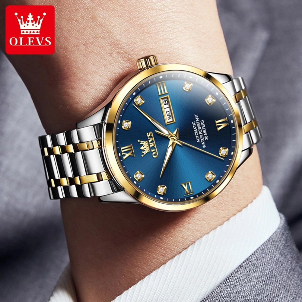 ساعات OLEVS من أفضل العلامات التجارية للرجال، ساعة يد ميكانيكية أوتوماتيكية أصلية فاخرة للأعمال من الفولاذ المقاوم للماء #5