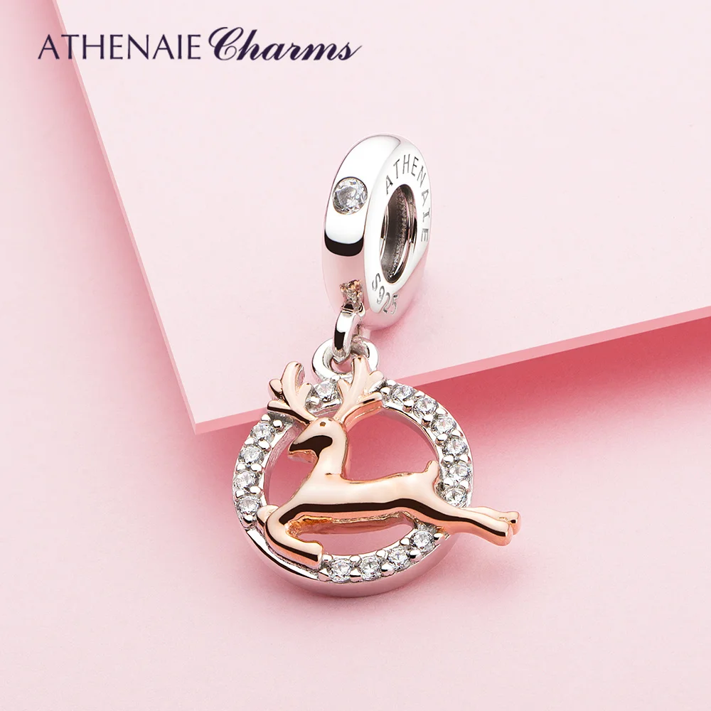 

ATHENAIE Original 925 Sterling Silver Clear CZ Rose Gold Deer Animal Dangle Charms Pendants for Bracelet Women Jewelry