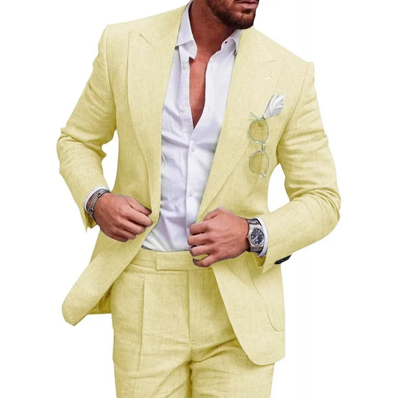 High Quality Linen Suits for Men 2 Piece One Button Male Suit Slim Fit Fashion Casual Wedding Party Solid Smart Casual Suits Man