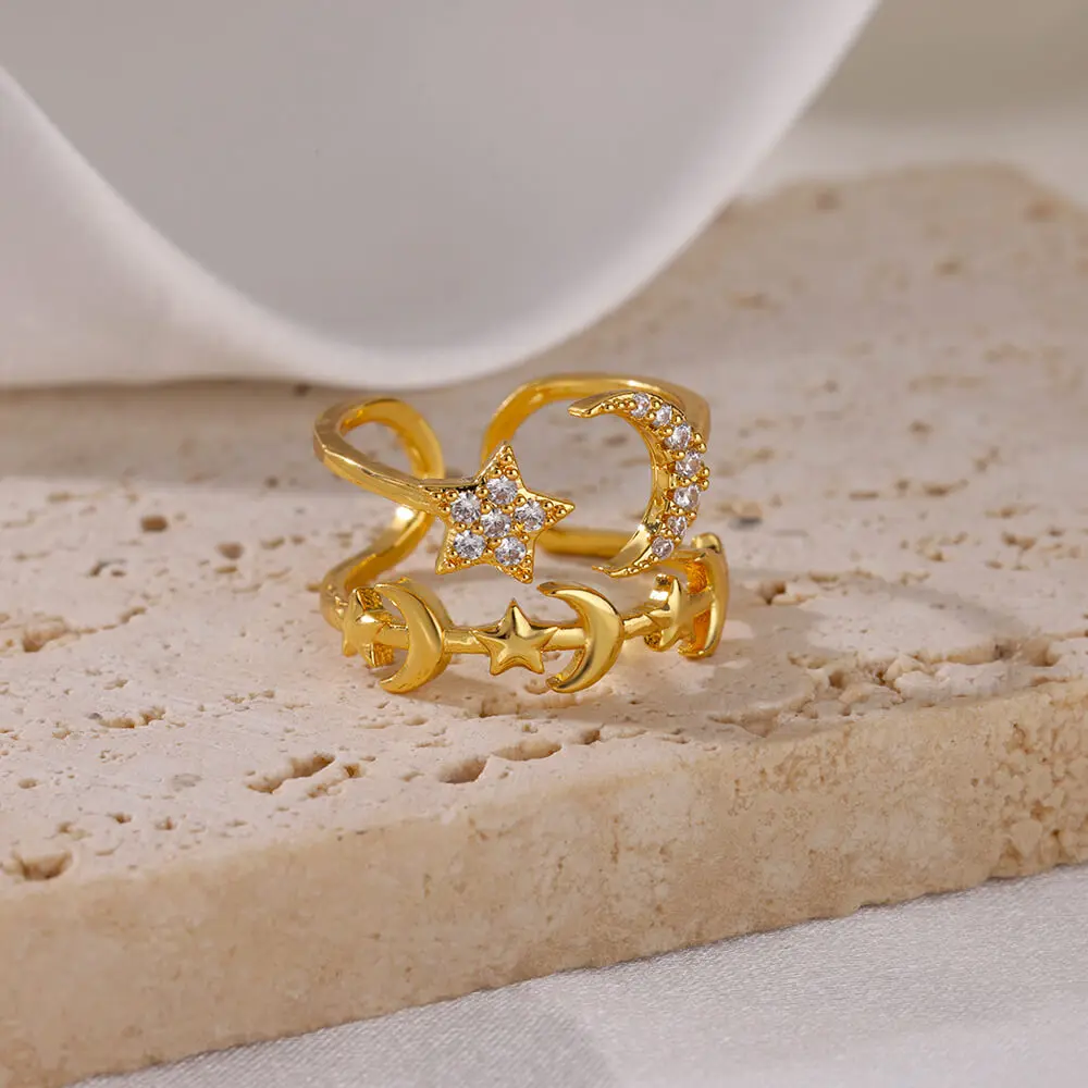 Women's Adjustable Zircon Star Moon Ring, Gold Color