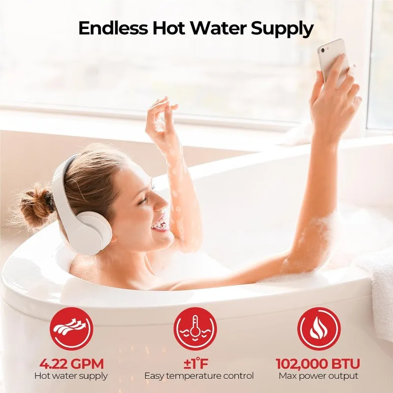 4.22 GPM Tankless Water Heater Gas, 102,000 BTU Propane Tankless Water Heaters, On Demand Propane Hot Water Heater Indoor