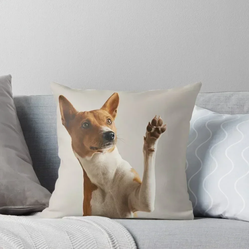 Adorable brown and white Basenji dog smiling and giving a high five by bublikhaus Freep.... Throw Pillow Sitting Cushion pillow