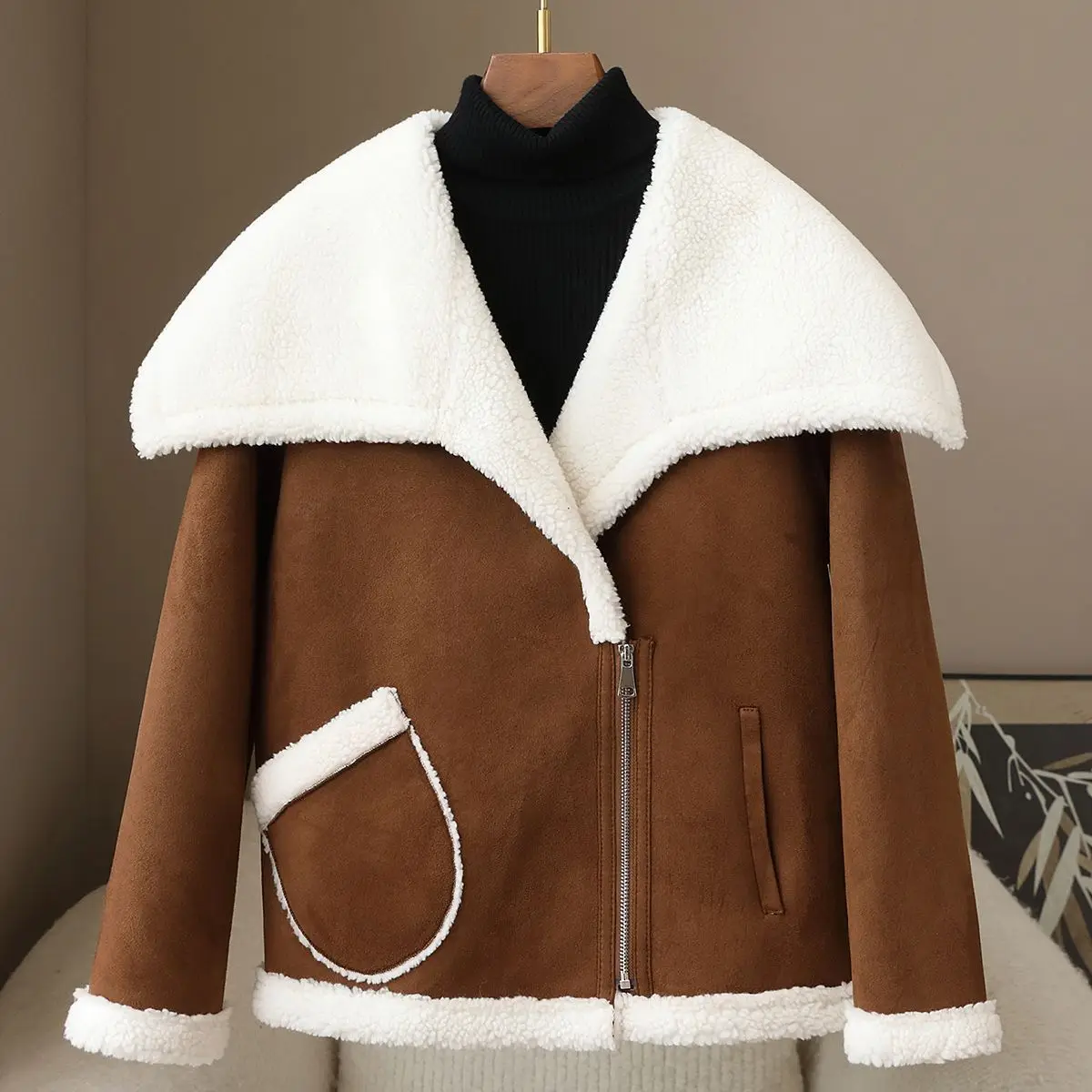 

2025 Spring New Large Collar Coat Particle Wool Jacket Casual Sheep Scissor Top for Women ﻿