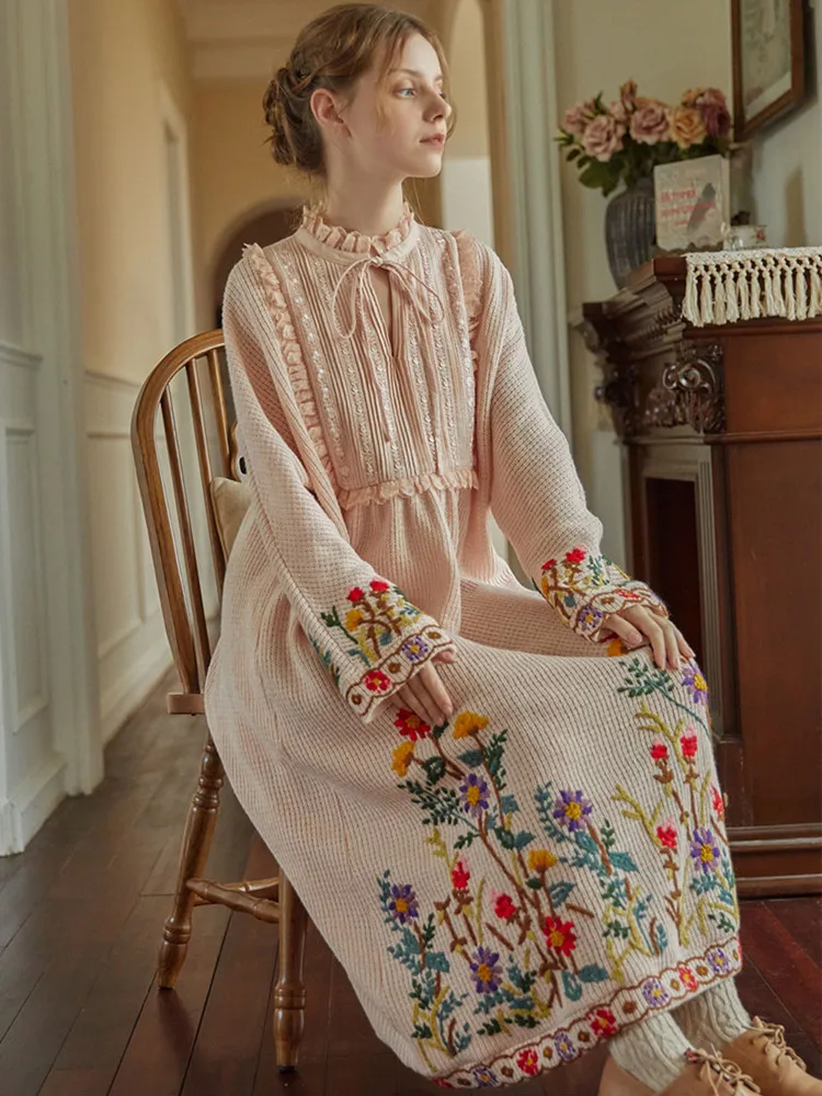 AIGYPTOS Dress For Women Vintage Elegant Slim Handmade Embroidery Floral Pink Dress Spring Fall Winter Casual Long Knitted Dress