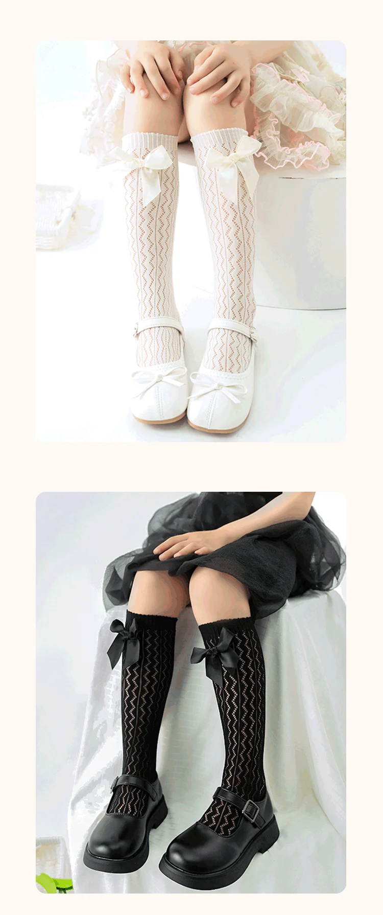 Süße Studenten-Lange Kawaii Socken Baby Kinder Geometrische Wellenförmige Overknee-Socken Prinzessin Lolita Mädchen Schleife Hohle Netzstrümpfe – Detail 7