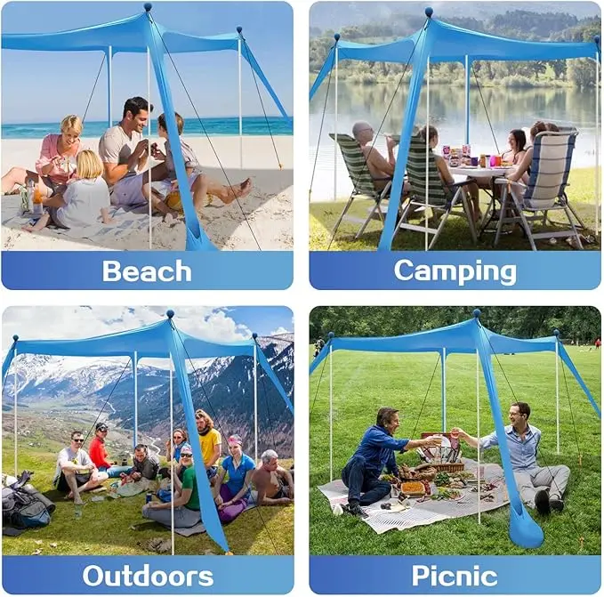 Beach Canopy Beach Tent UPF50+ 11x11 FT Easy to Setup Extra Windproof Rope Sun Shelter Beach Shade Canopy with 4 Stability Poles