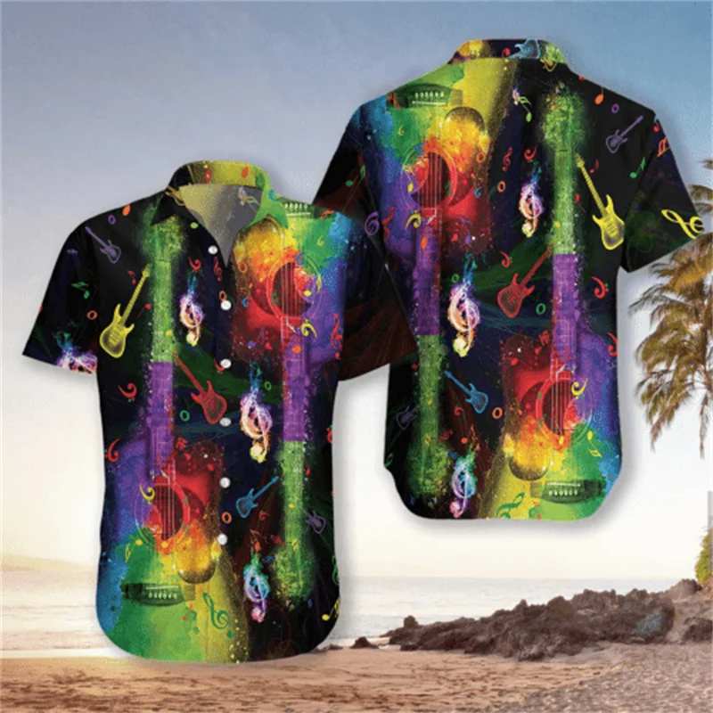 3D Men Neon Shirt Guitar Bass Printed Hawaiian Shirt Vintage Tops Male Casual Stylish Short Sleeve Clothing Trend Streetwear