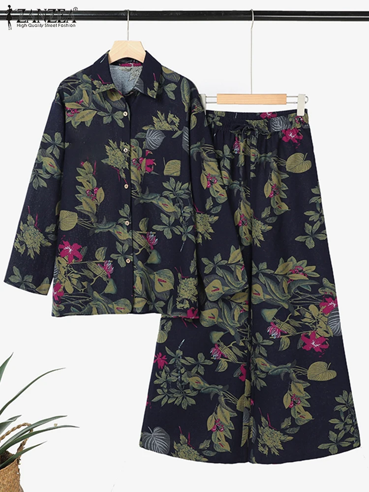 ZANZEA Frauen Baumwolle Hose Sets Vintage Langarm Shirts Breite Bein Hosen Outfit 2025, Casual OL Arbeit Anzüge Übergroßen Passenden Sets