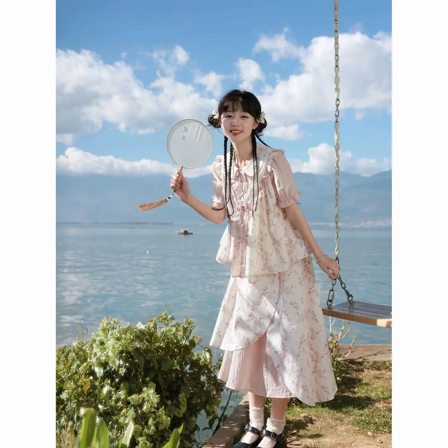 

New Chinese Style Skirt Set Women Clothing Elegant Doll Collar Short Sleeve Shirt Half Long Skirt Two Piece Set Women Outfits