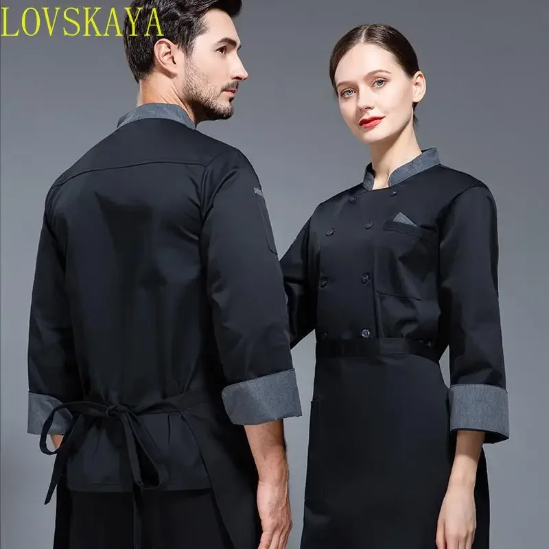 黒のシェフジャケット長袖シェフユニフォームコックコートシェフTシャツベーカー作業服ウェイターレストランホテル服女性ロゴ