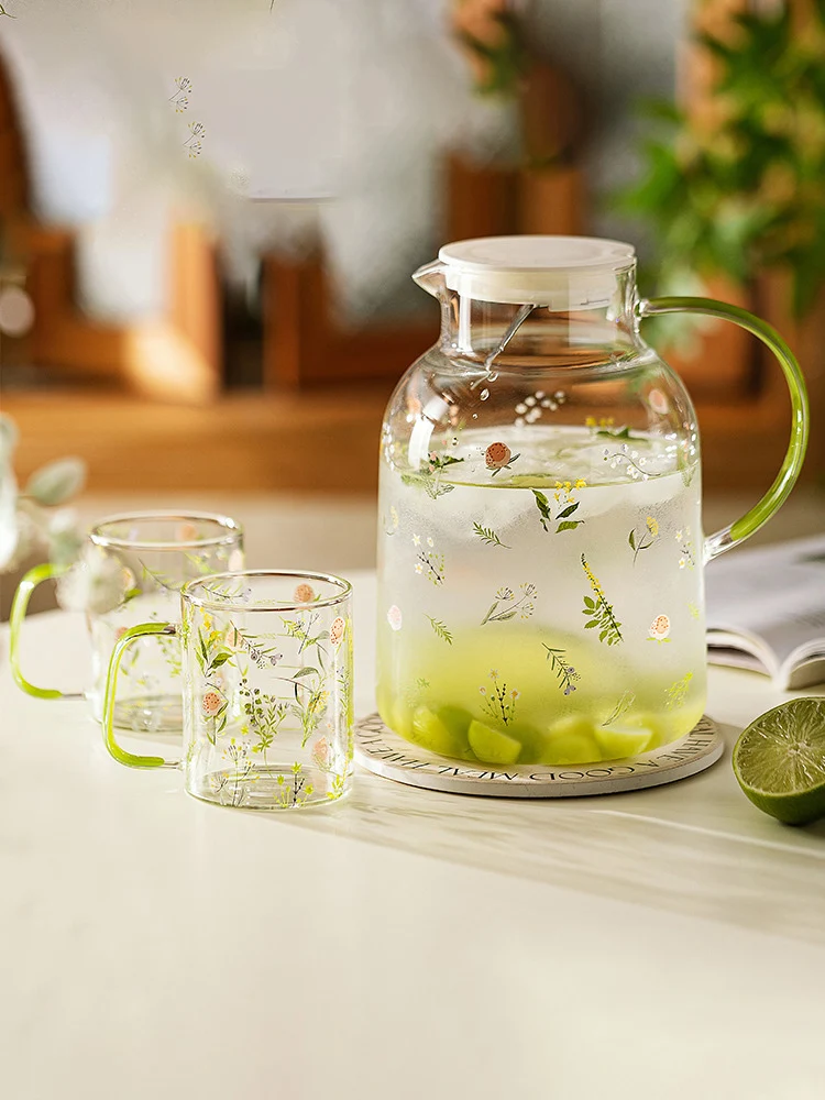 Kaltwasserkocher mit großem Fassungsvermögen und Blumen- und Pflanzen-Design, hochtemperaturbeständige Teekanne, Glas-Kaltwasserbecher für Zuhause