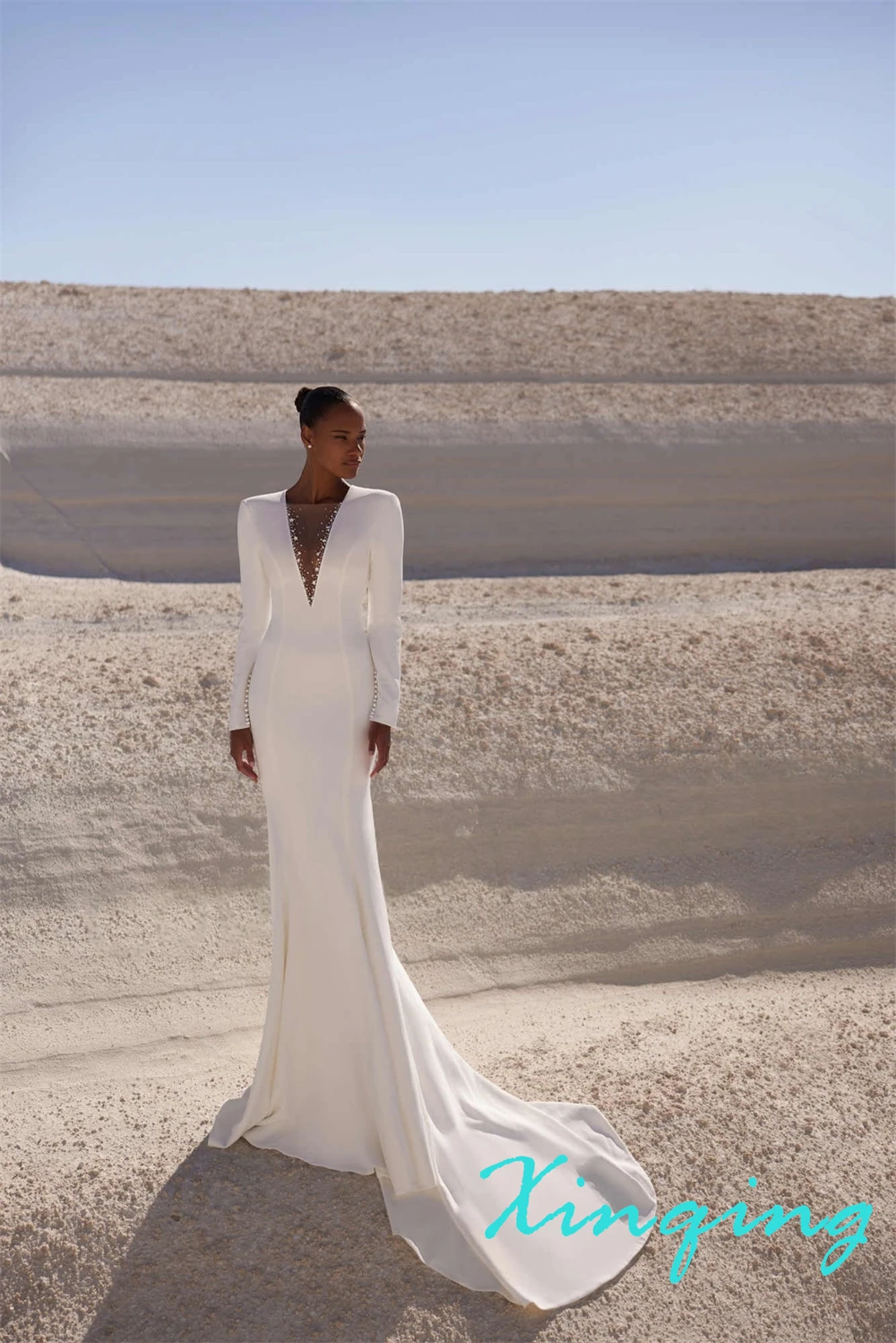 Robes de mariée sirène personnalisées en Jersey blanc, col en v exquis, manches longues, traîne Court, robes de mariée de l'industrie lourde