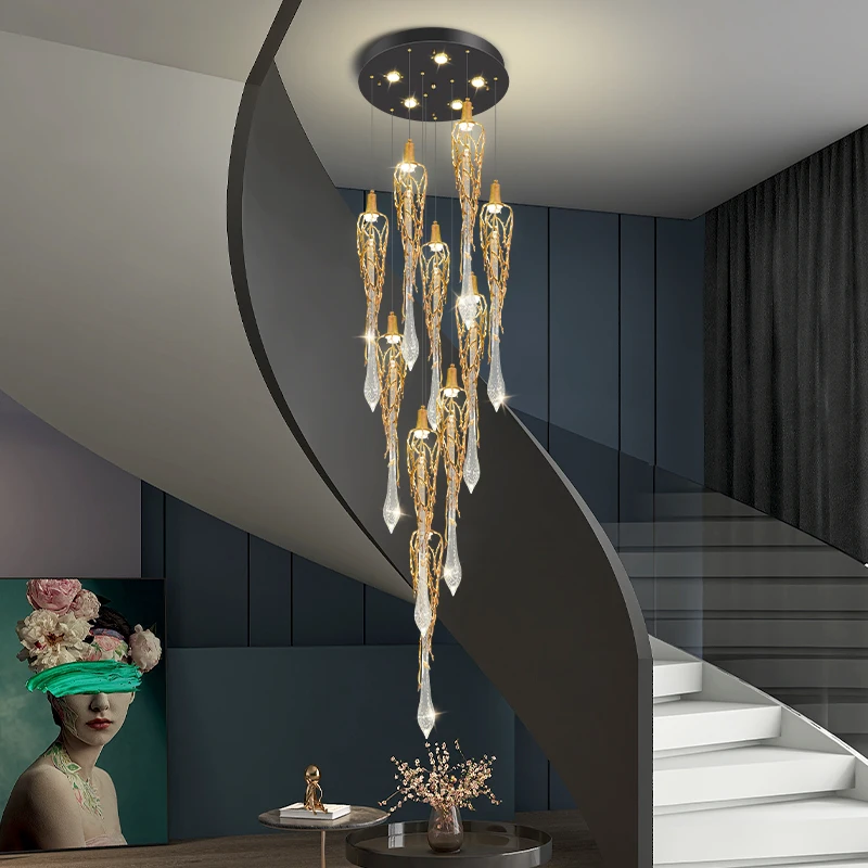 

All copper post-modern light luxury branches personalized staircase light simple crystal living room villa hollow chandelier