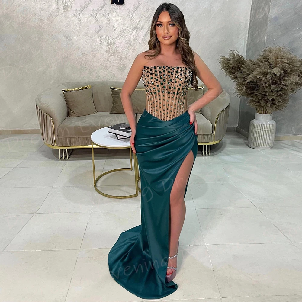 Eleganti abiti da sera da donna moderni a sirena verde abiti da ballo senza maniche senza spalline Sexy affascinante con perline divise Vestido De Noche