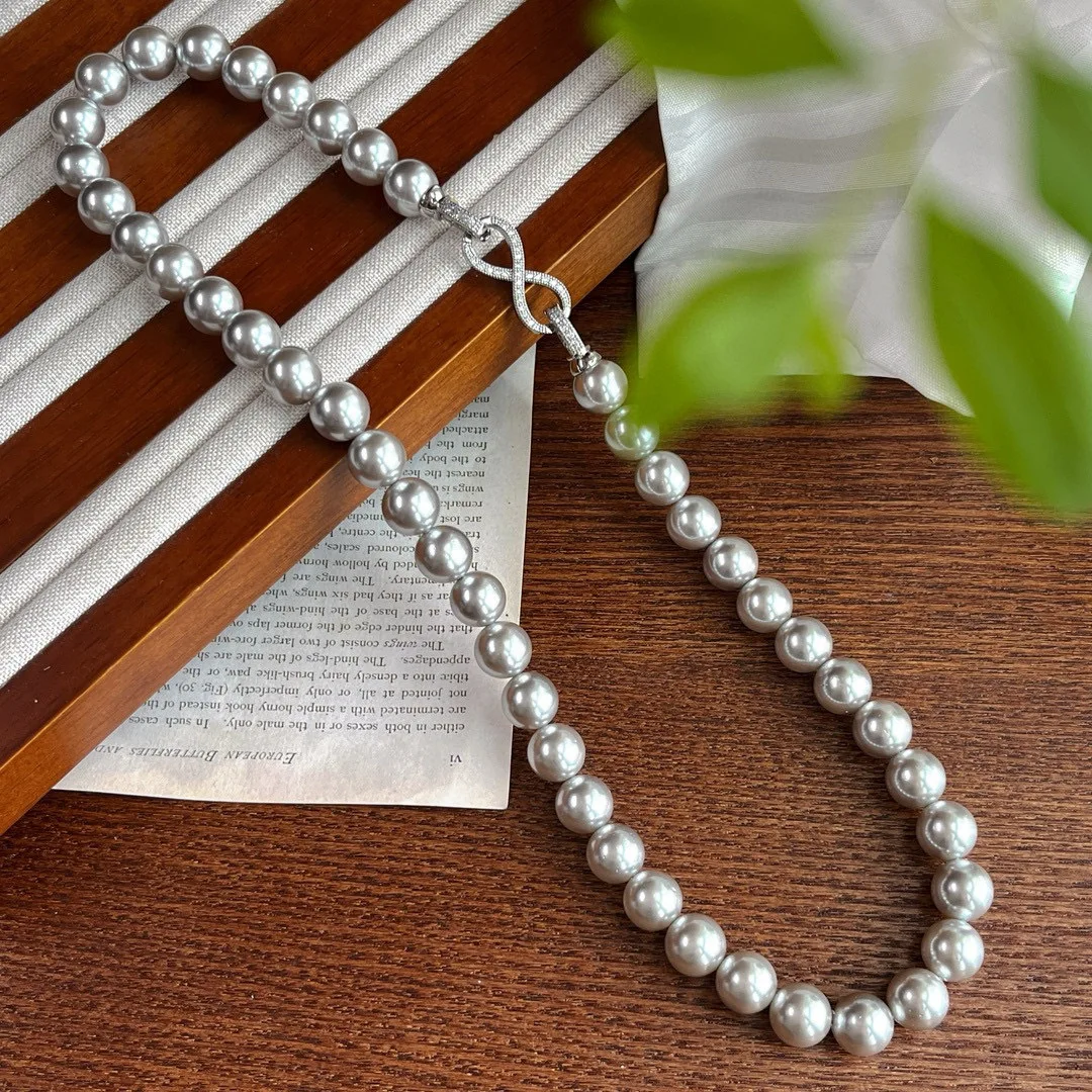 

10Mm real multi-hemp platinum gray Shijia artificial pearl necklace, minimalist and simple 8-character buckle