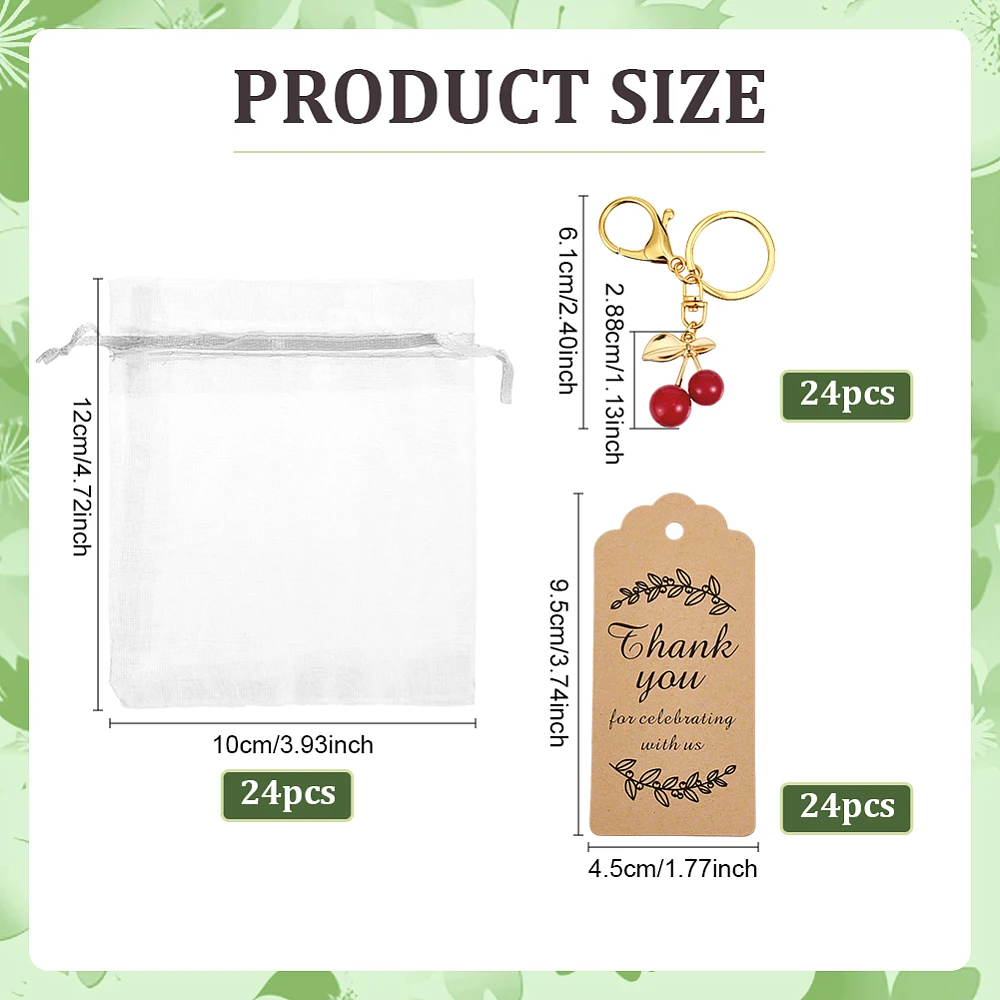 24 Sets Cherry Party Favor Red Cherry Keychain Organza Gift Bags Guest Return Favors Fruit Keyring with Thank You Tags