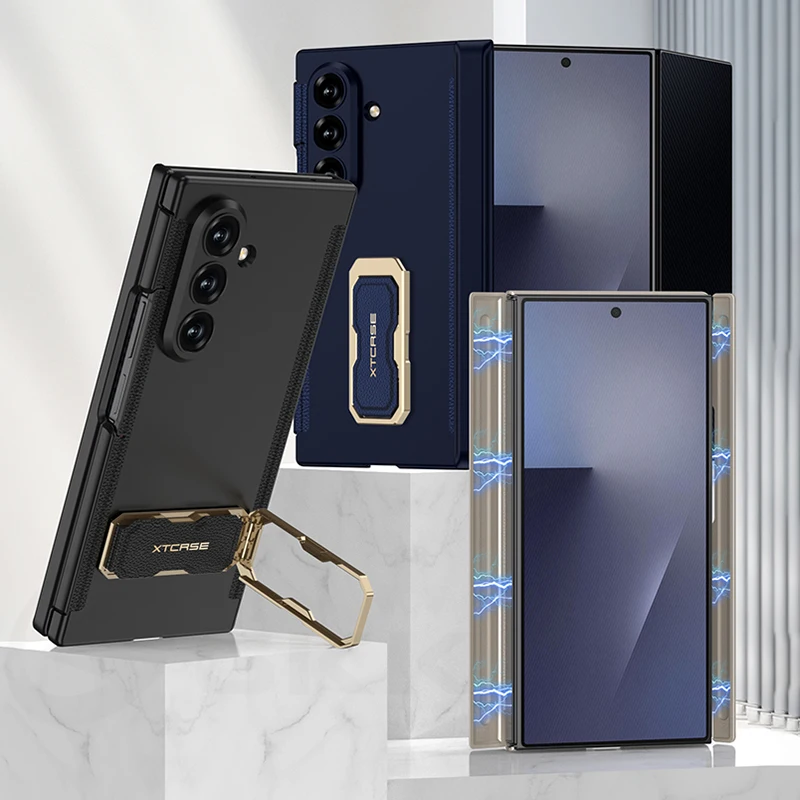 

Magnetic Double Hinge Phone Case For Samsung Galaxy Z TriFold Rotation Ring Holder Wristband Protect Cover