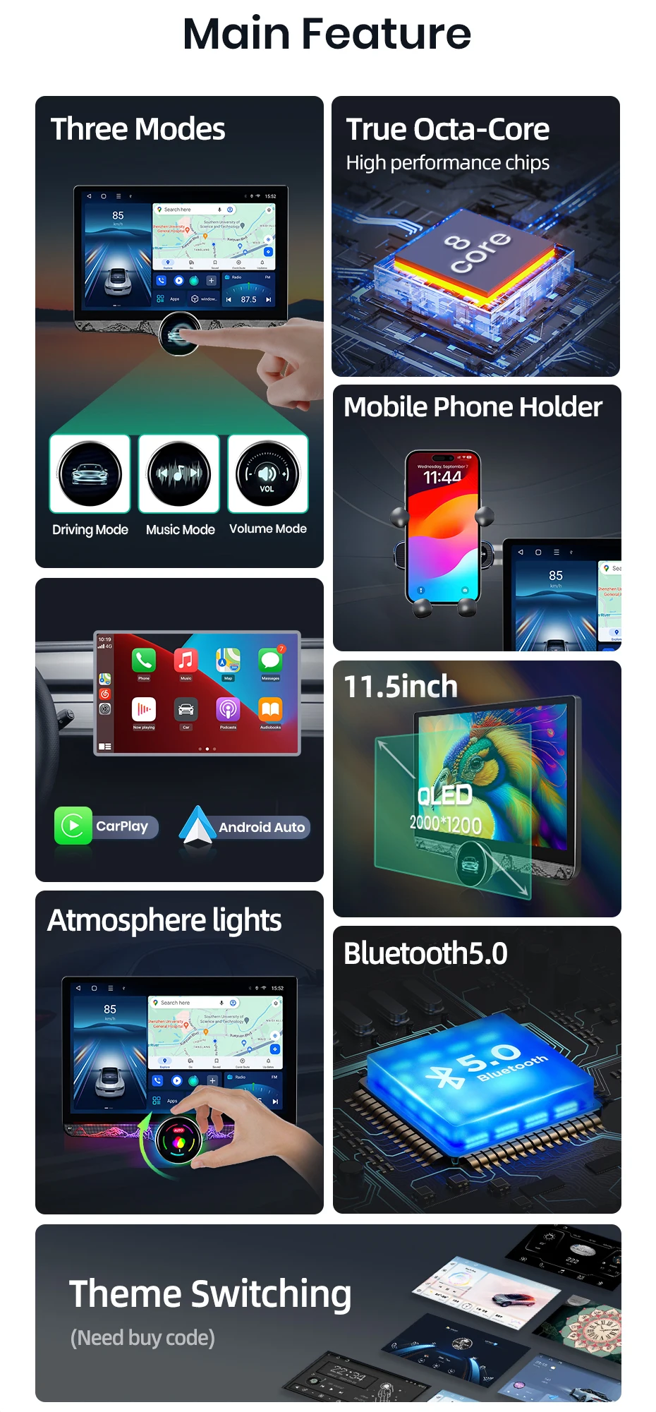 Junsun 11,5 Zoll 2K Touchscreen Kabelloses CarPlay für Apple Universelles Autoradio Android Auto Stereo Multimedia-Videoplayer Intelligente Fahrzeugsysteme 2 Din Autoradio-Haupteinheit GPS-Navigation BT 4G WIFI 8-Kern FM AM DSP RDS SWC DAB – Detail 5