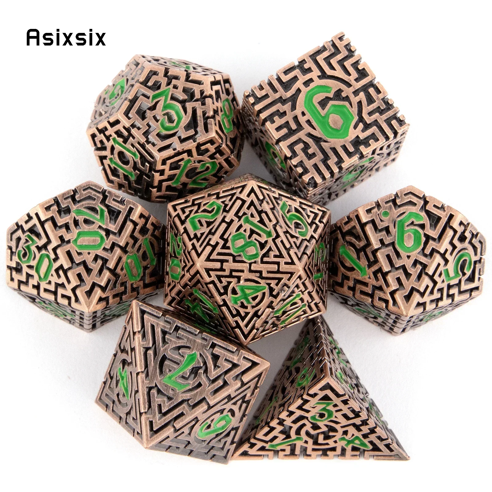 

7 Pcs Copper Green Metal Dice Maze Solid Metal Polyhedral Dice Set Suitable For Role-Playing Dice PropBoard Game Gift