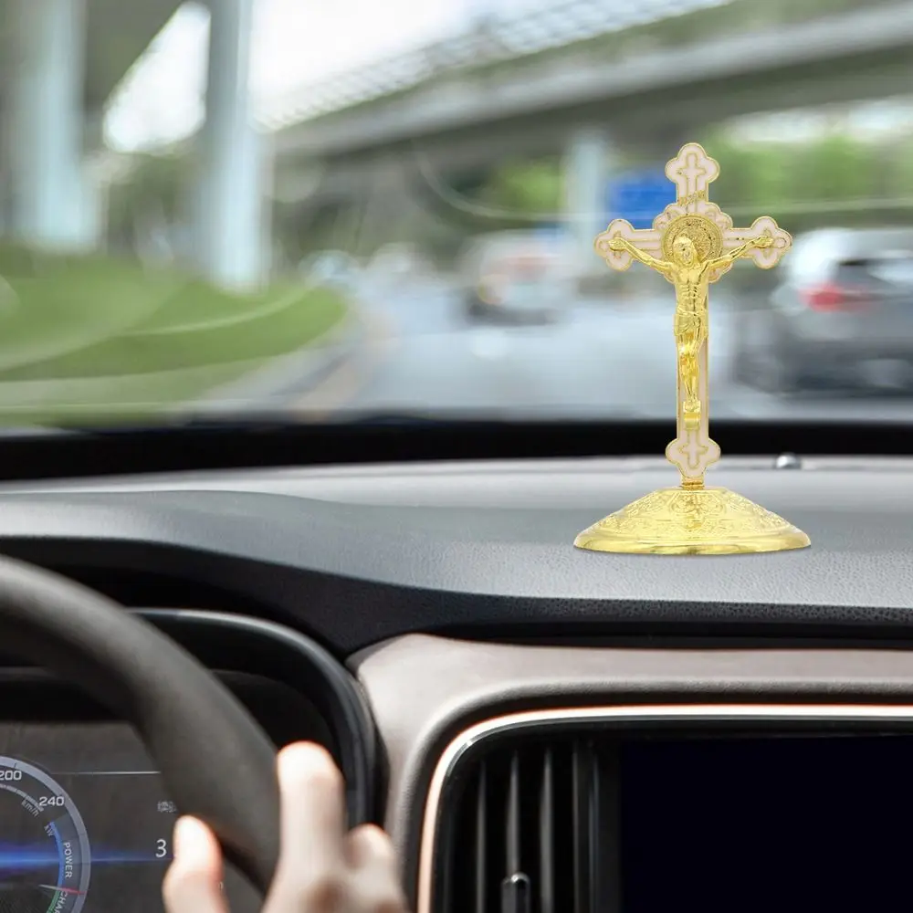 Golden Cross Ornaments Metal Statues Enamel Ornaments Creative Handicrafts Home Decor Desktop Decor Christ On The Stand Car Use