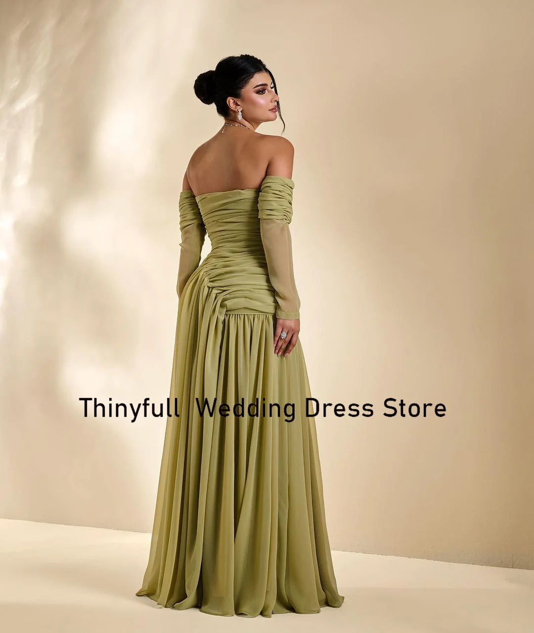 Thinyfull Chiffon A-line Prom Dresses Strapless Long Sleeves Off Shoulder Evening Party Dress Formal Occasion Gown Robe De Soiré