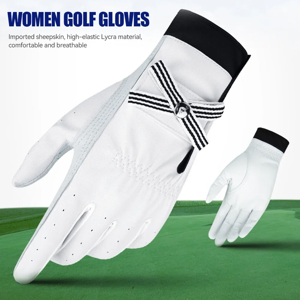 1 Pair Bow Golf Gloves For Women With Removable Mark Sheepskin Self-Adhesive Cloth Non-Slip Sports Full Finger Gloves