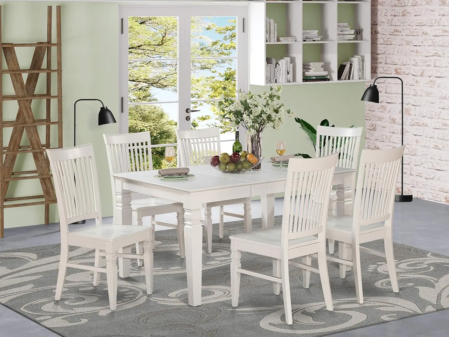 7 Piece Kitchen Set Consist of a Rectangle Room Table with Butterfly Leaf and 6 Dining Chairs Linen White Solid Wood