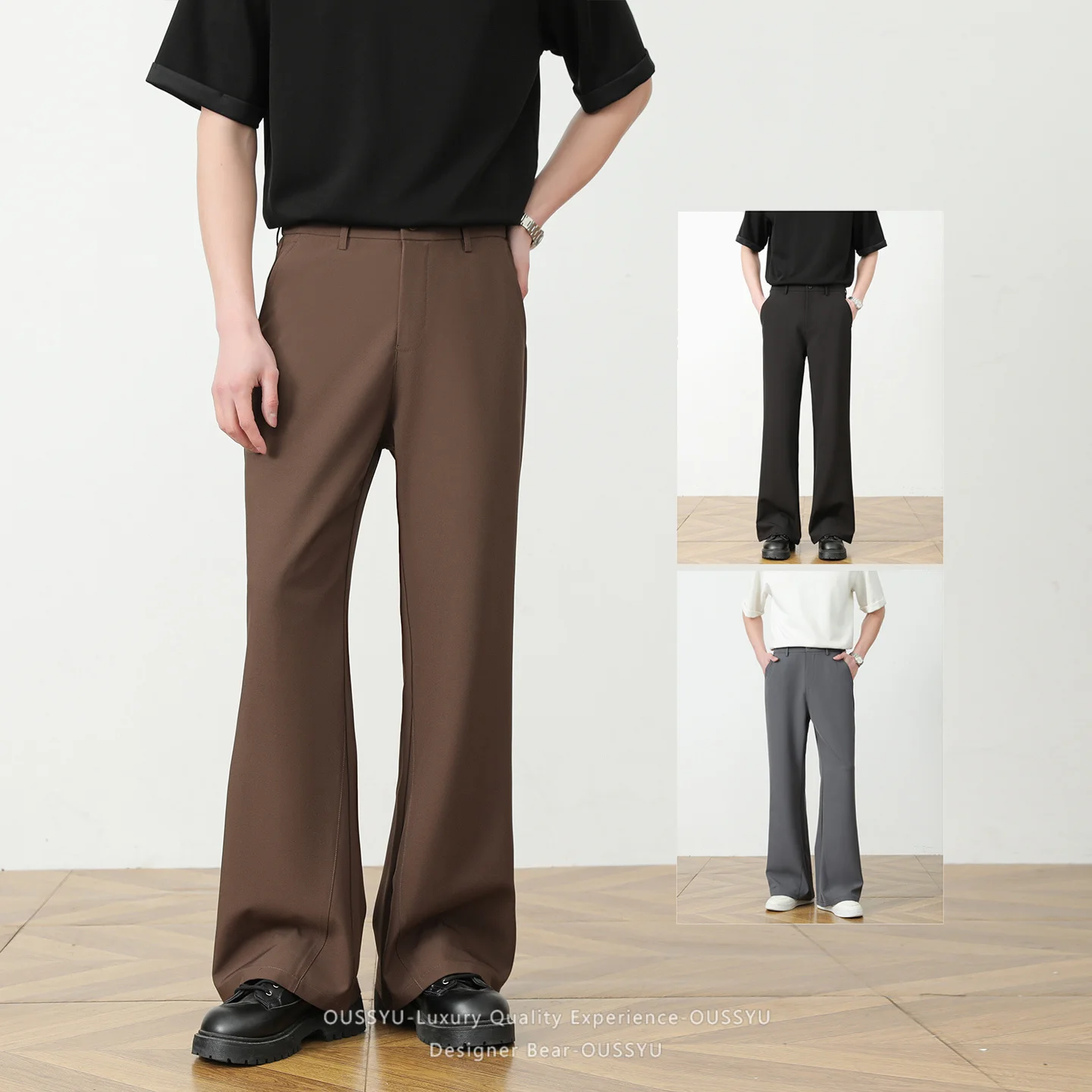 

Brand Clothing Spring Summer Men's Casual Flared Pants Wide Leg Baggy Suit Trousers for Men Formal Office Trendy Brown