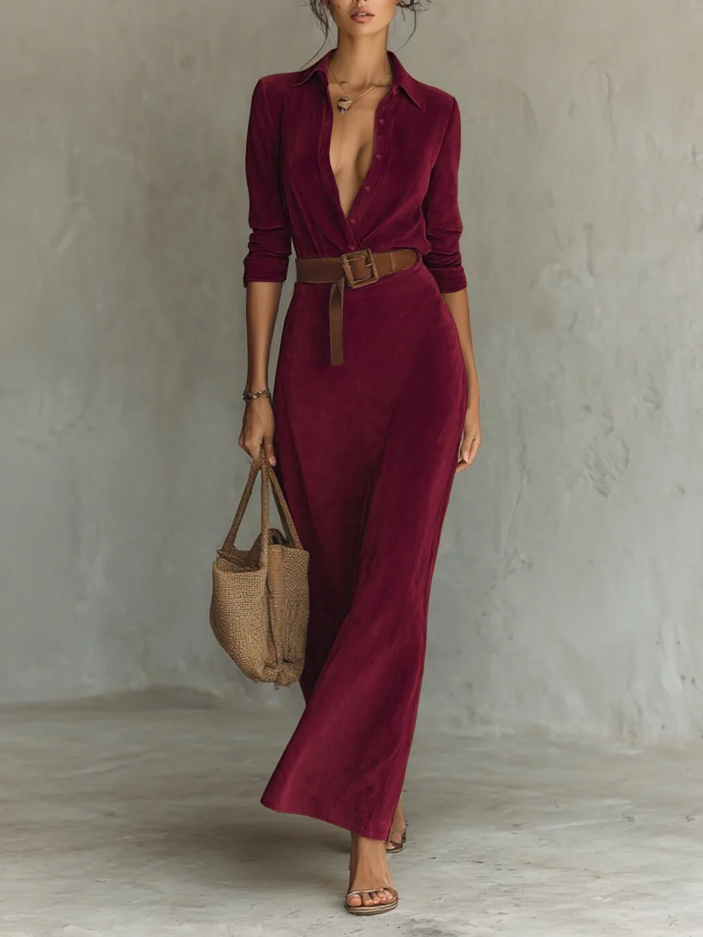Winter frauen Minimalistischen Solide Gürtel Revers Shirts Kleid Langarm Hohe Taille Wildleder Kleid Weibliche Casual Party Maxi Kleider