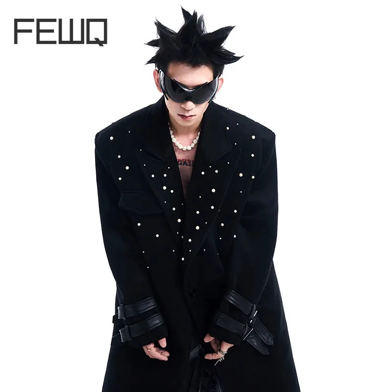 FEWQ Thick Pearl Wool Coat Cotton Padding Long Sleeve 2024 Darkwear Autumn Winter Male Trench Korea Fashion Male Blazer