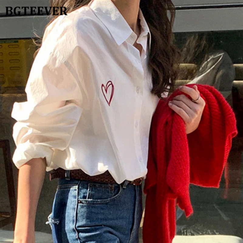 BGTEEVER Fashion Lapel Heart Embroidery Printed White Shirts for Women Full Sleeve Single-breasted Ladies Blouses Autumn