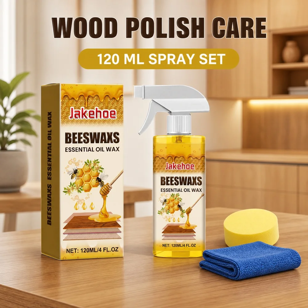 Jakehoe Beeswax Wood Polish Spray for Furniture Cabinets Floors 120ml with Sponge and Towel Wood Surface Cleaning and Shine Care