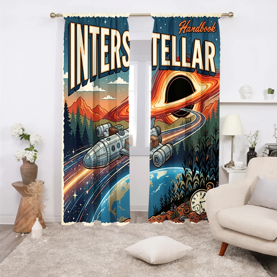 2PCS Curtains, Vintage Retro Interstellar Handbook Poster Print Featuring Endurance Spaceship, Swirling Black Hole, Earth, Cornf