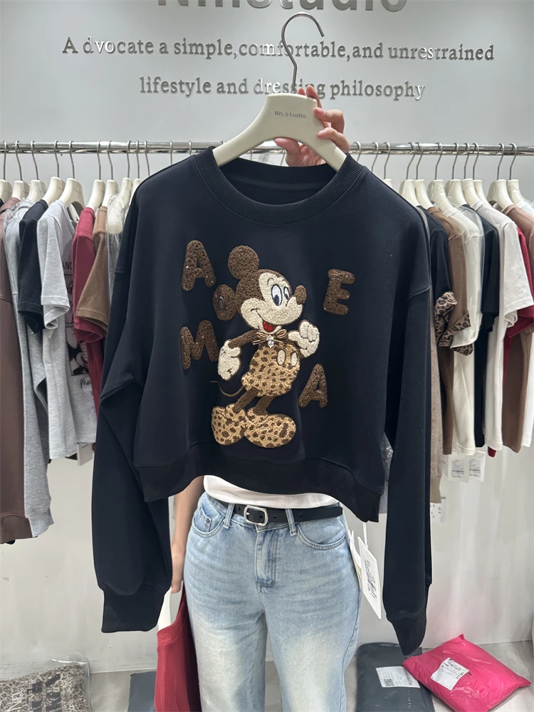 Autumn Winter New Women's Short Coat Loose Casual Hoodies Heavy Craft Leopard Cartoon Long Sleeves Pullover Crew Neck Sweatshirt