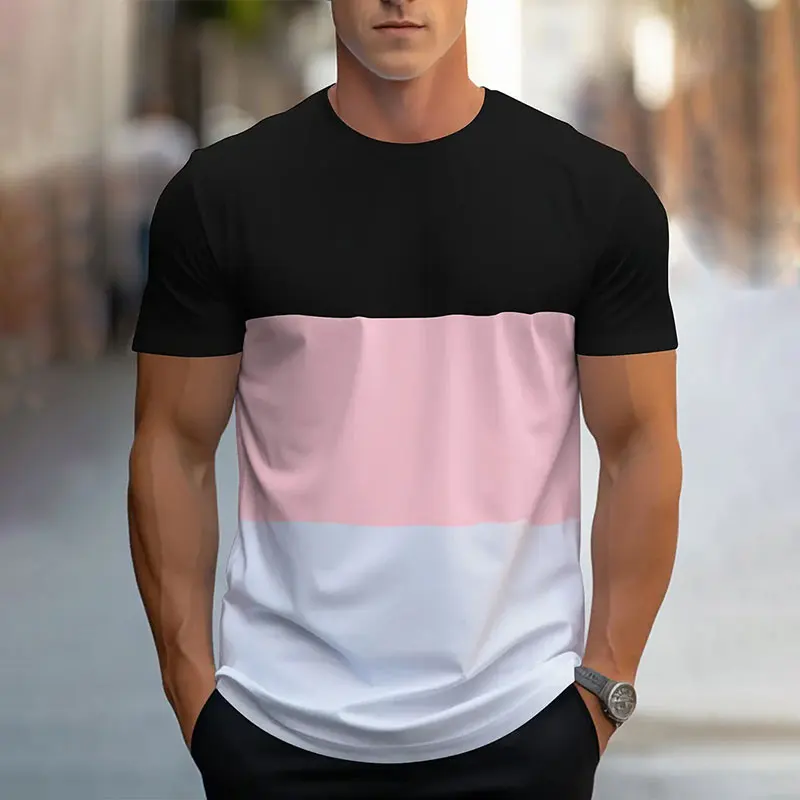 2024 Summer new fashion splicing printed short-sleeved T-shirt men's round neck loose breathable tops Sports Fitness T-shirt